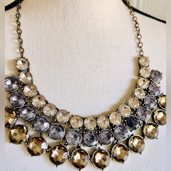 Necklace Crystal Triple Row Clear Smokey and Amber Adjustable Length Statement - Picture 6 of 11